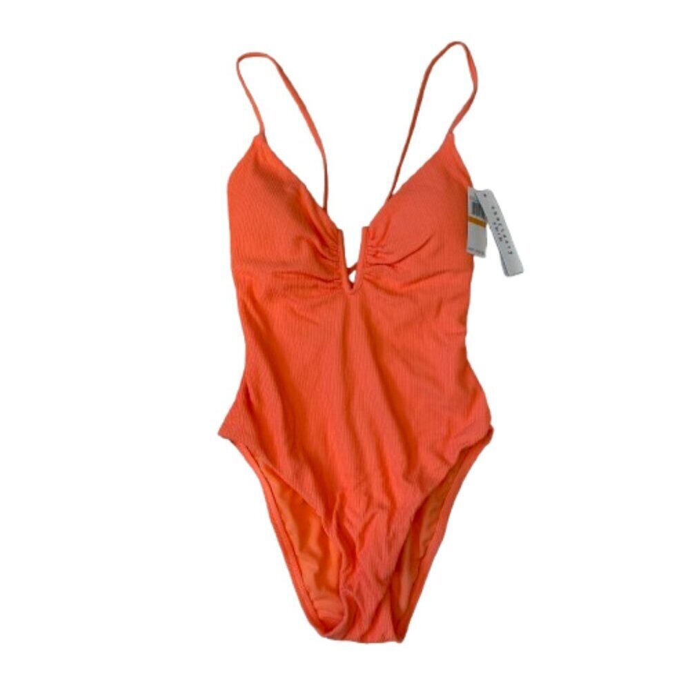 Women's S NWT Sanctuary Neon Orange Textured Stripe One Piece Swimsuit